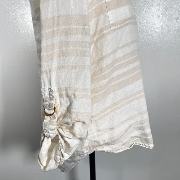 Ellen Tracy Popover Shirt Women's Small White Tan Striped 100% Linen Long Sleeve - Picture 15 of 16